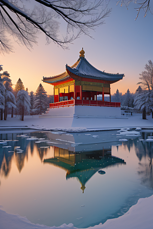 冰湖金光雪白如练
