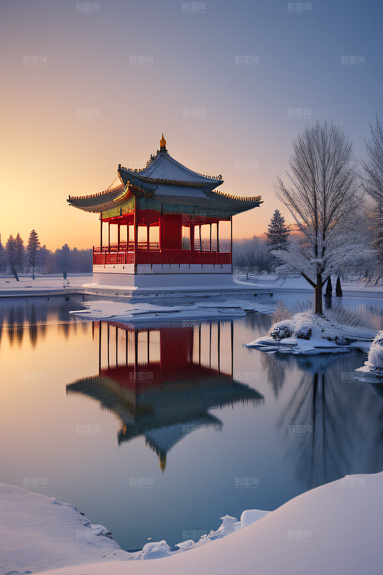 冰湖金光雪白如练