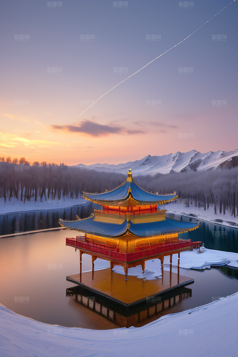 美丽日出古亭庄严