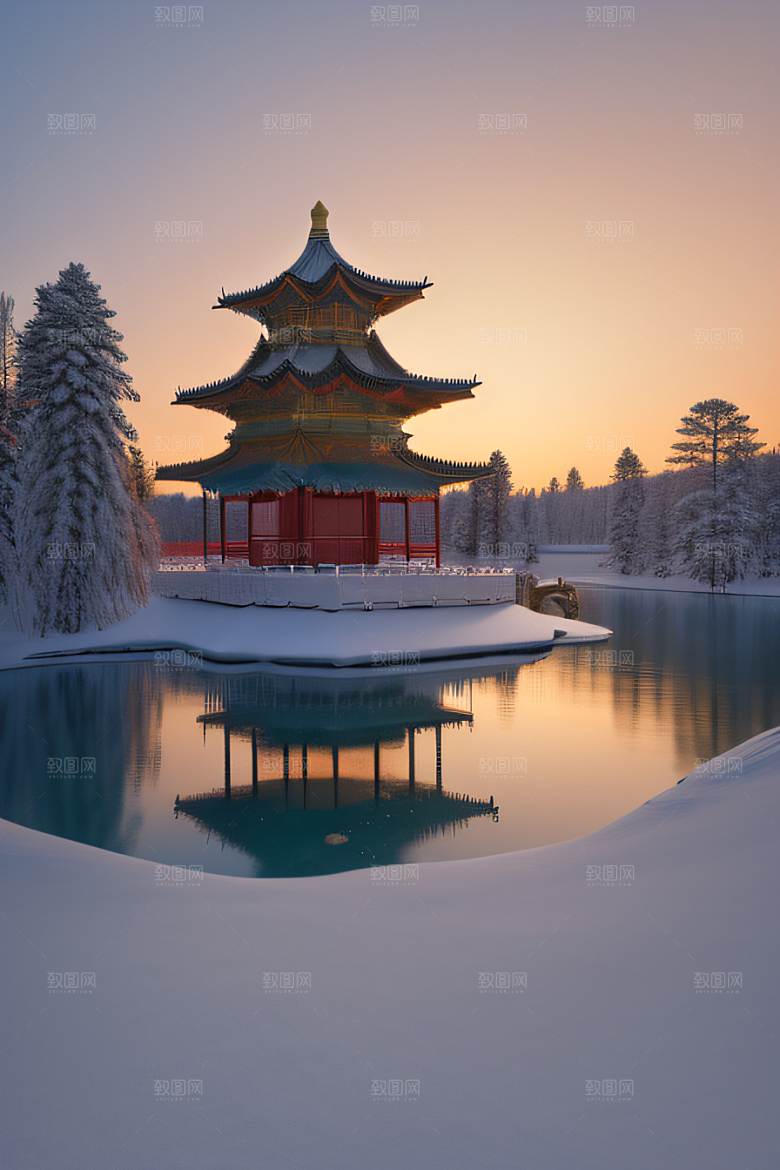 美丽日出古亭庄严