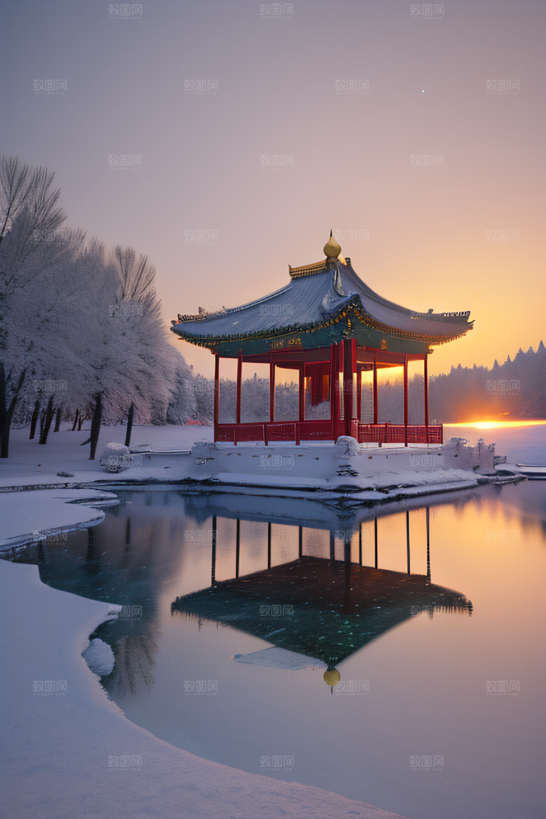 美丽日出古亭庄严