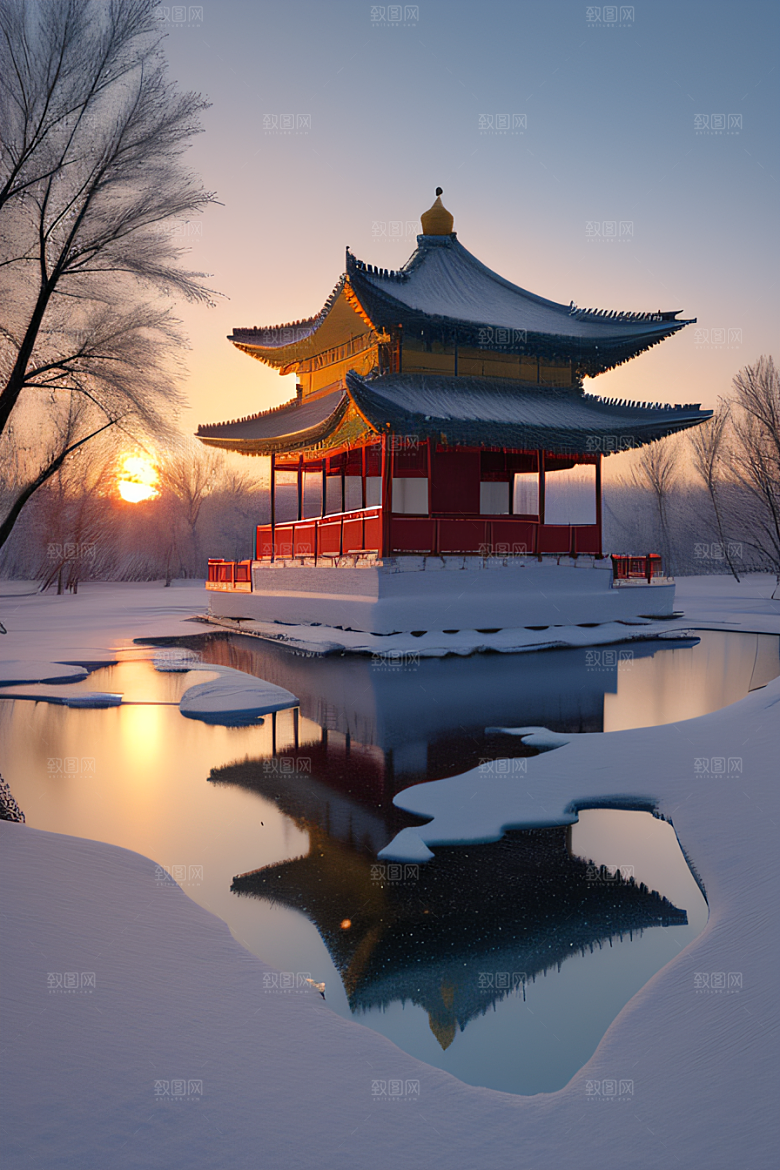 美丽日出古亭庄严