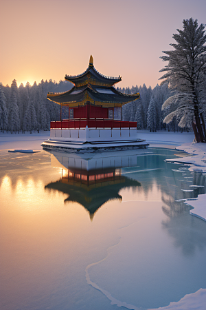 美丽日出古亭庄严