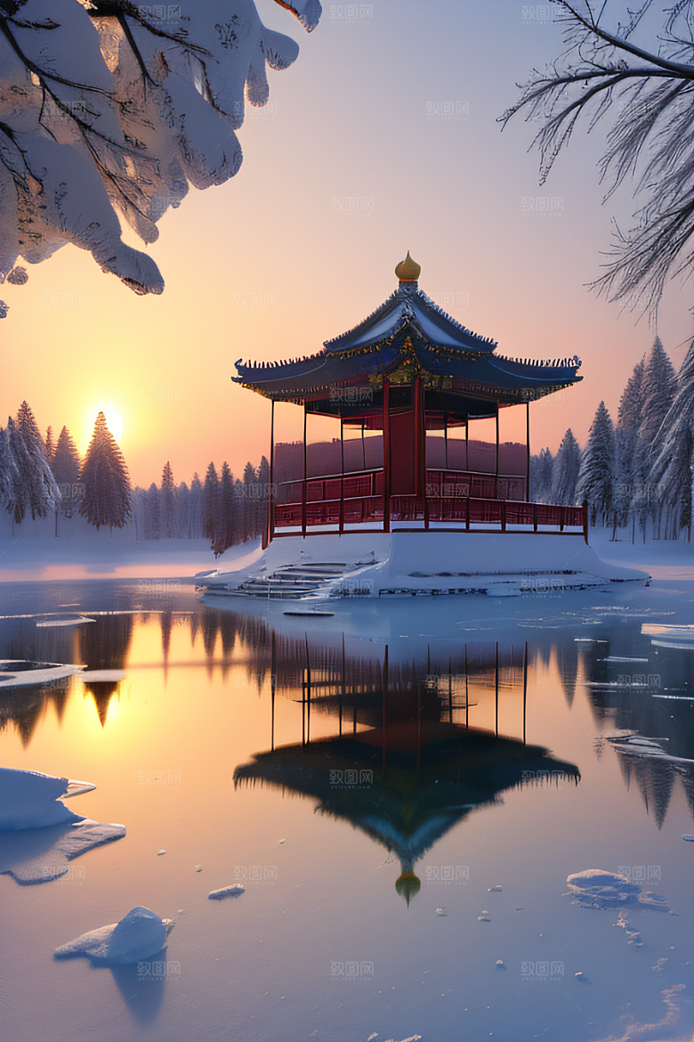 美丽日出古亭庄严