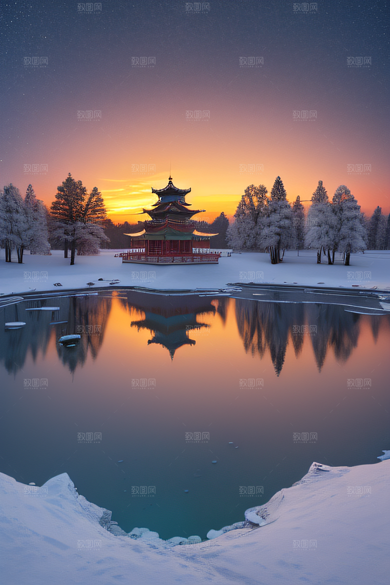 美丽日出古亭庄严