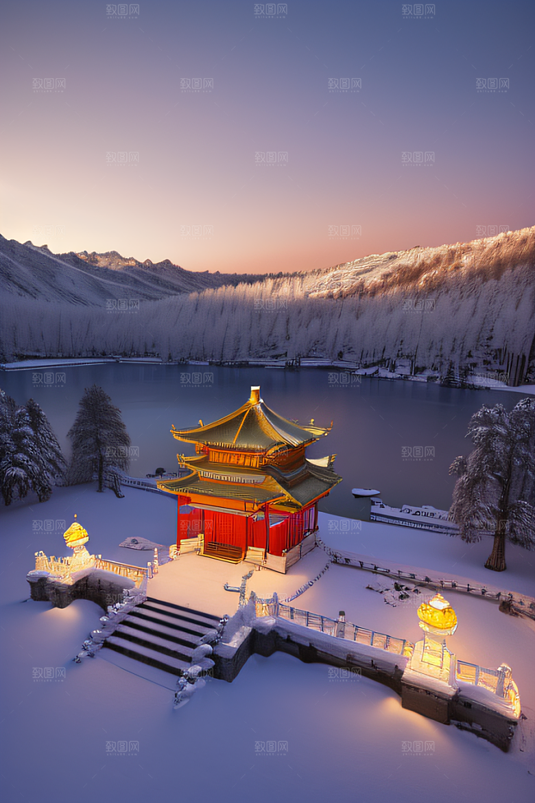 冰湖金光雪白如练