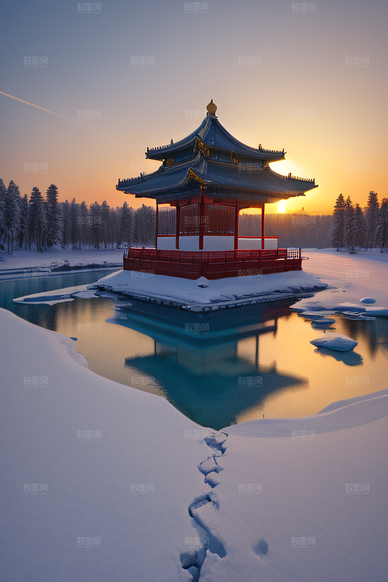 冰湖金光雪白如练