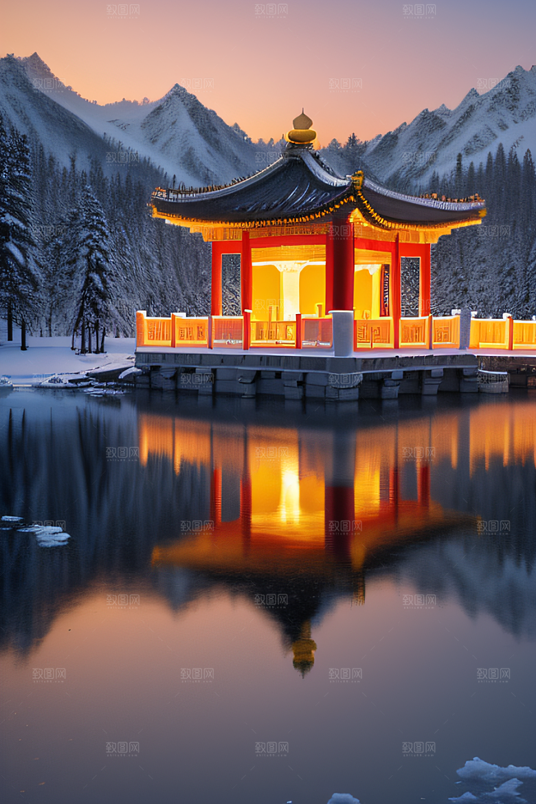 冰湖金光雪白如练