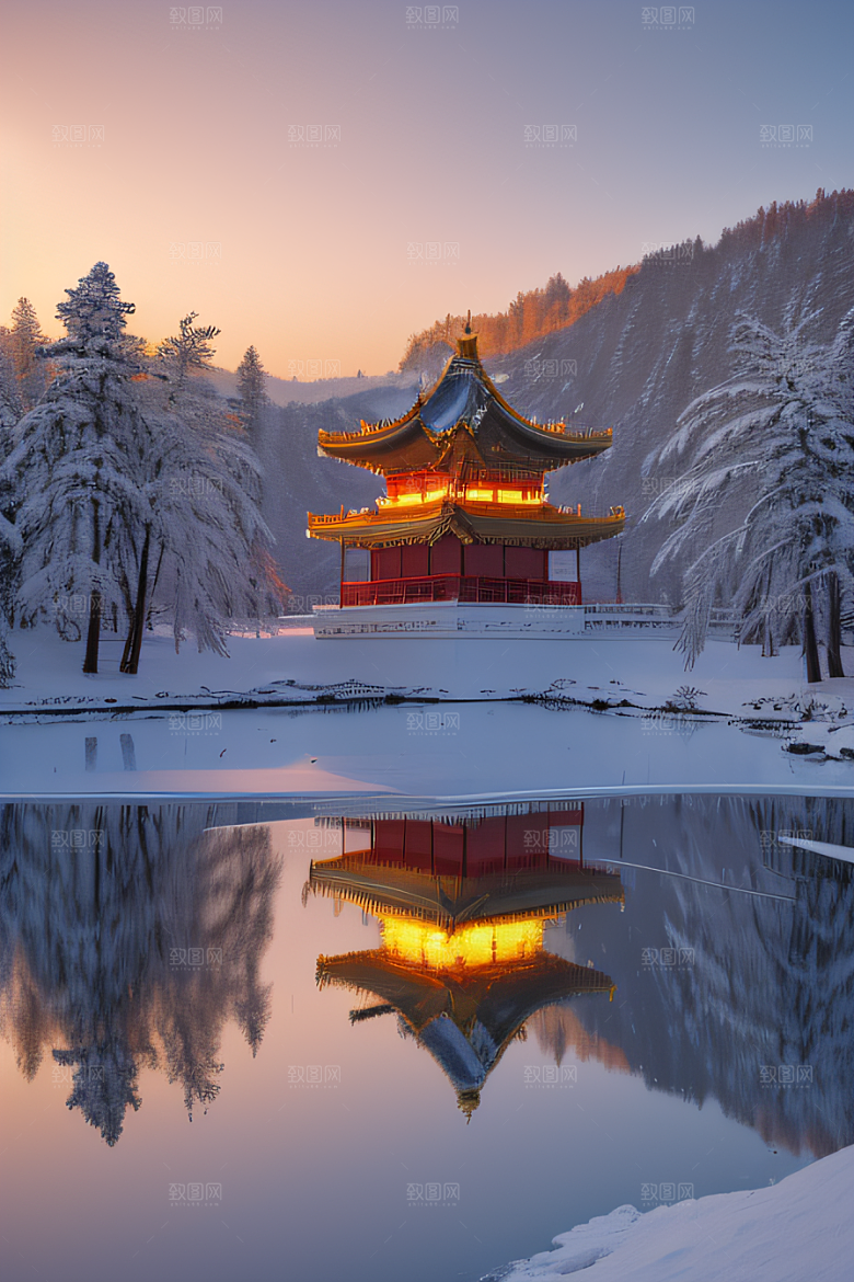 冰湖金光雪白如练