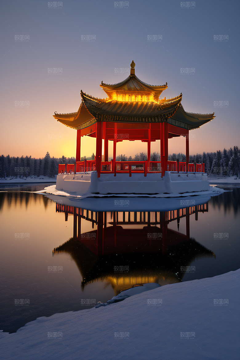 冰湖金光雪白如练