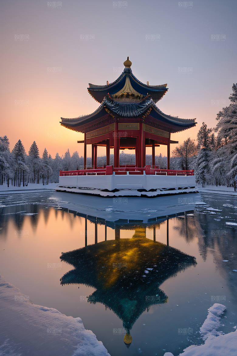 冰湖金光雪白如练