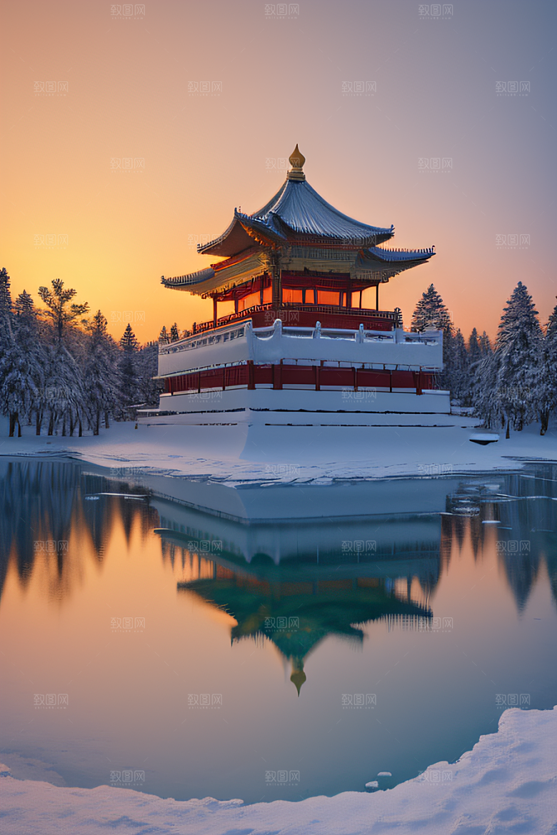 冰湖金光雪白如练