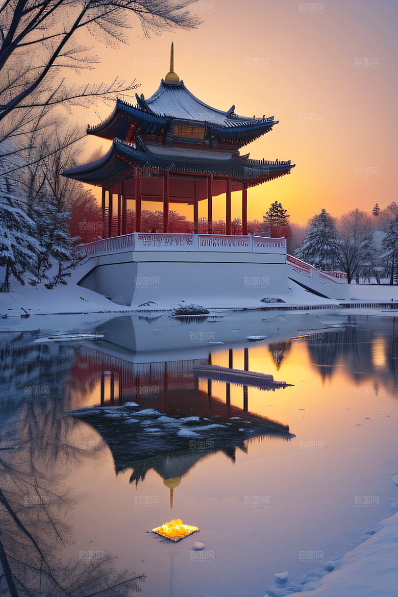 冰湖金光雪白如练