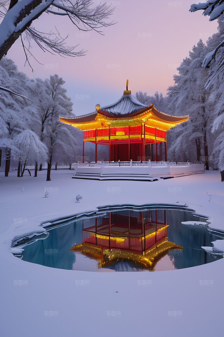 冰湖金光雪白如练