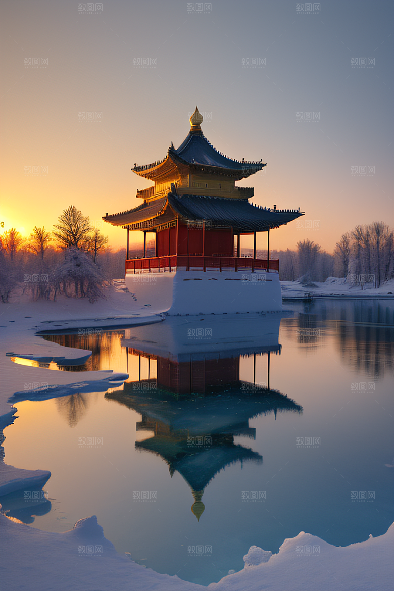冰湖金光雪白如练