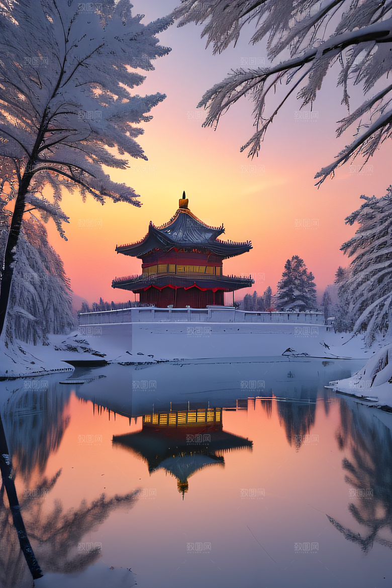 冰湖金光雪白如练