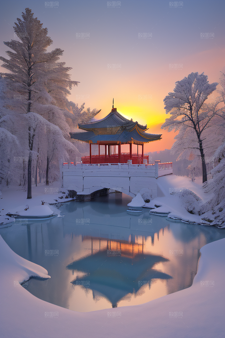 冰湖金光雪白如练