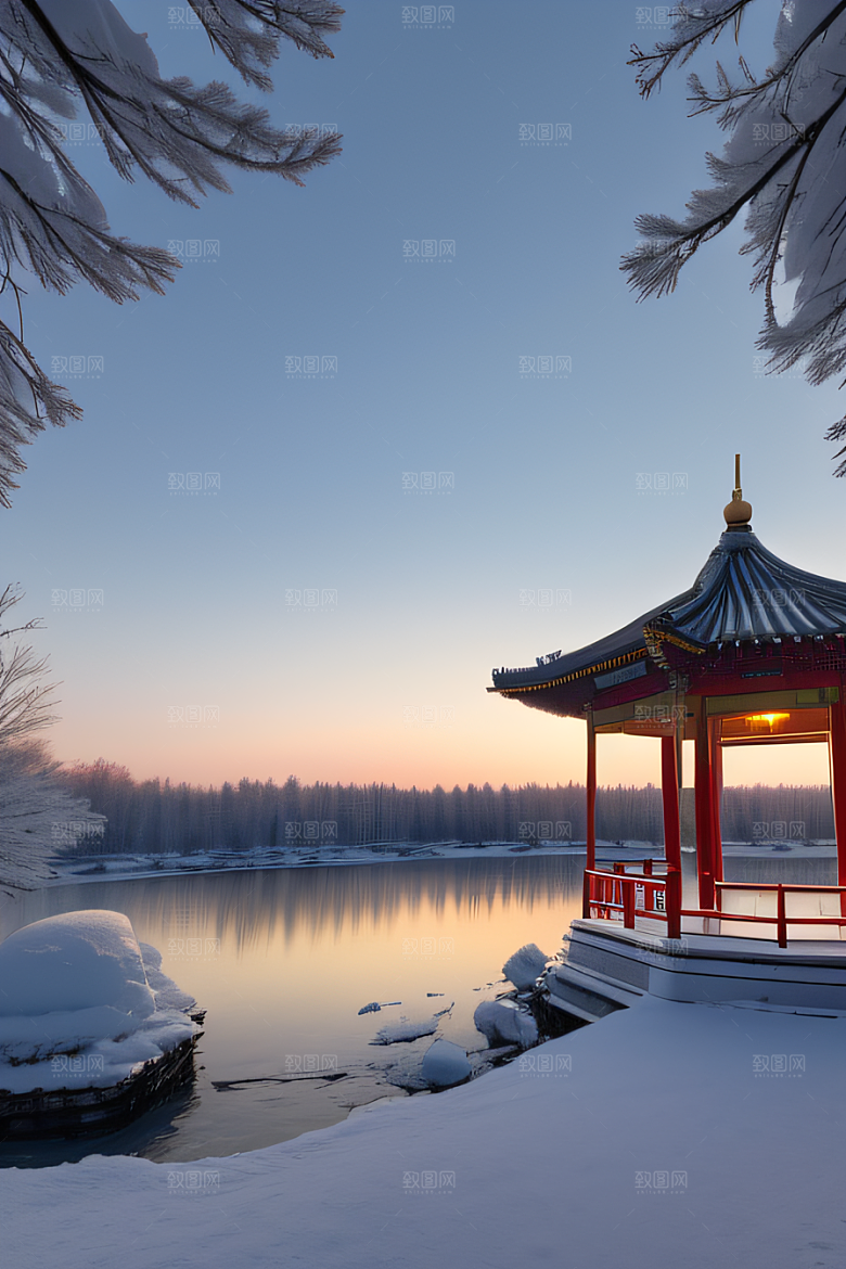 冰湖金光雪白如练