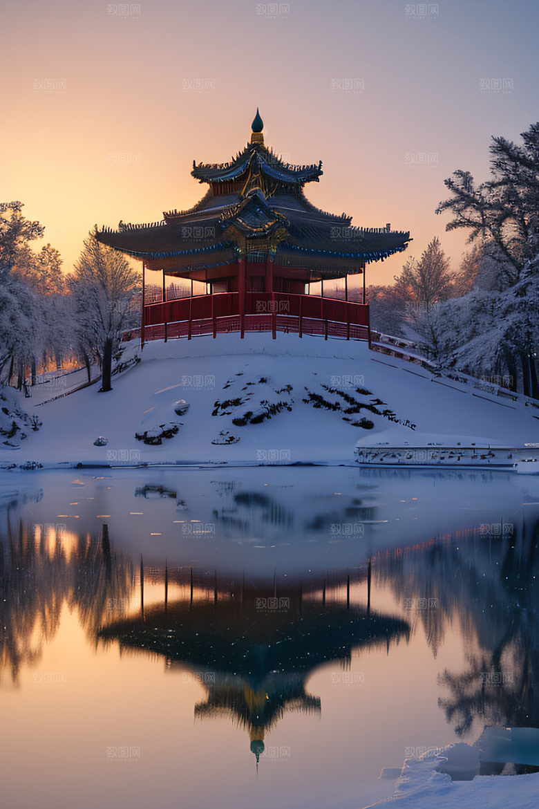 冰湖金光雪白如练