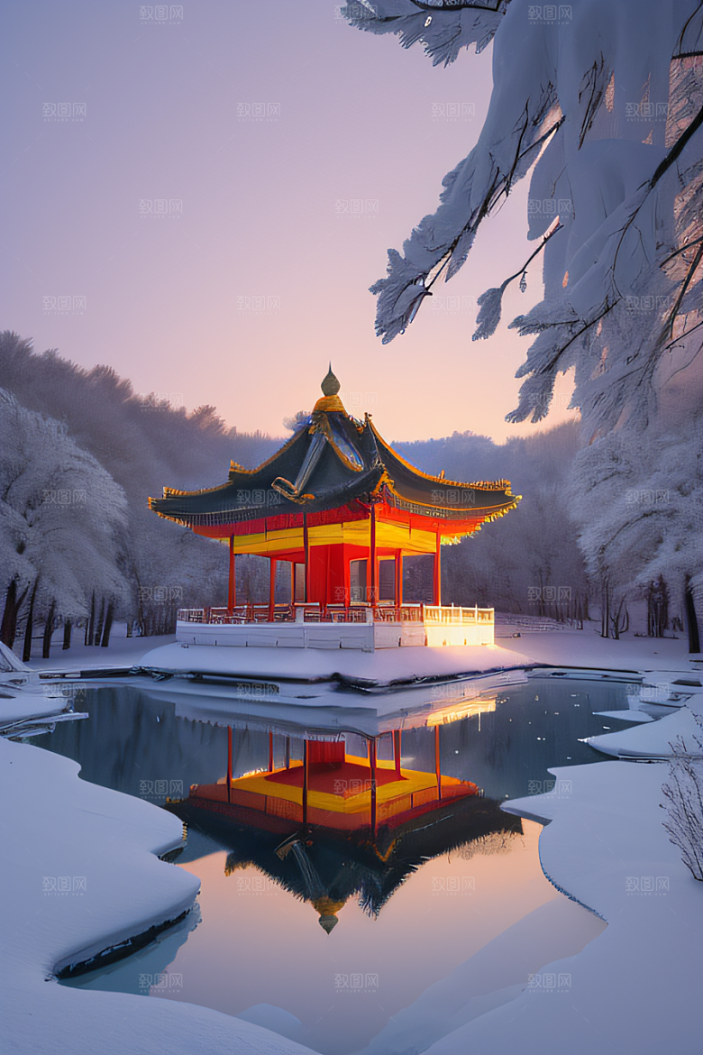 冰湖金光雪白如练