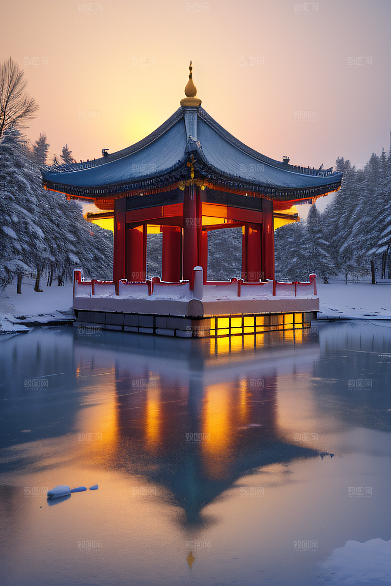 冰湖金光雪白如练