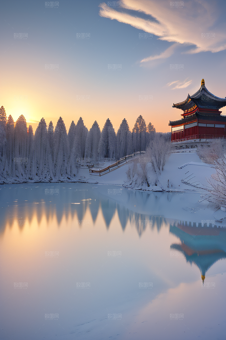 绚丽日出古亭庄严