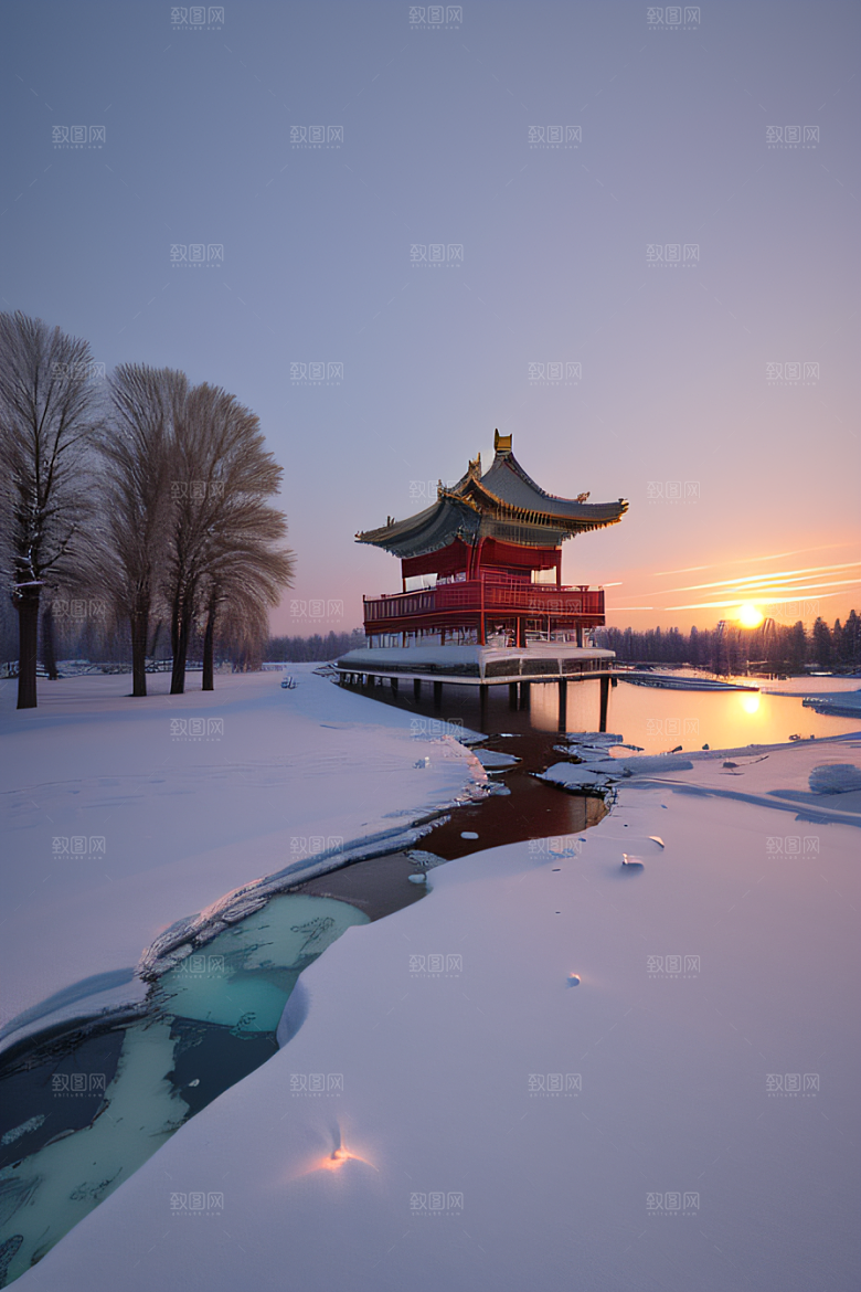 绚丽日出古亭庄严