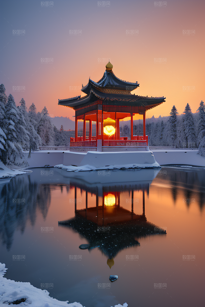 绚丽日出古亭庄严