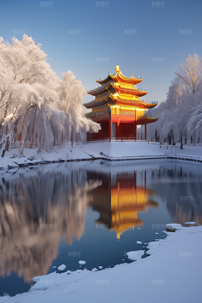 绚丽日出古亭庄严