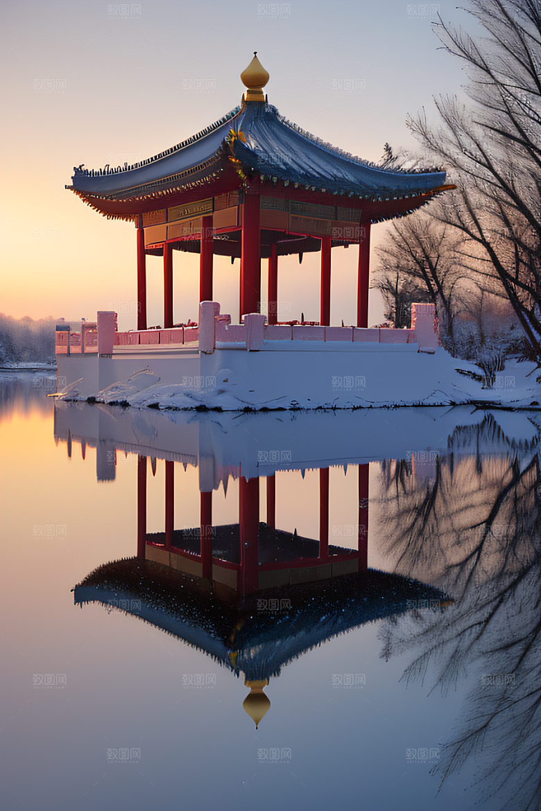 绚丽日出古亭庄严