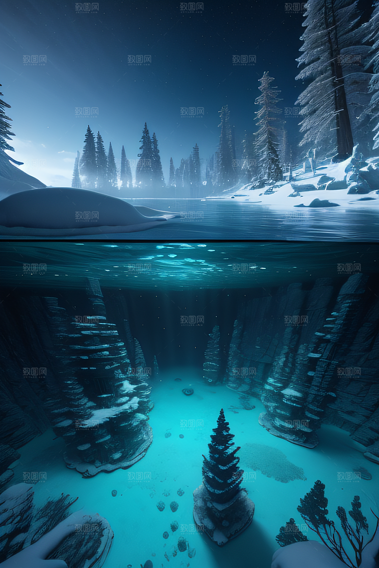 冬日仙境雪中湖泊的奇幻建筑
