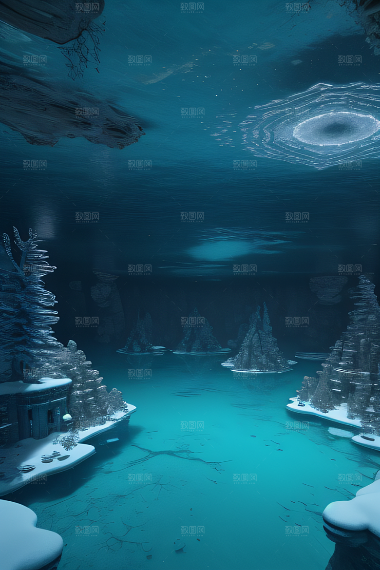 冬日仙境雪中湖泊的奇幻建筑