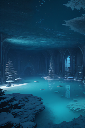 冬日仙境雪中湖泊的奇幻建筑