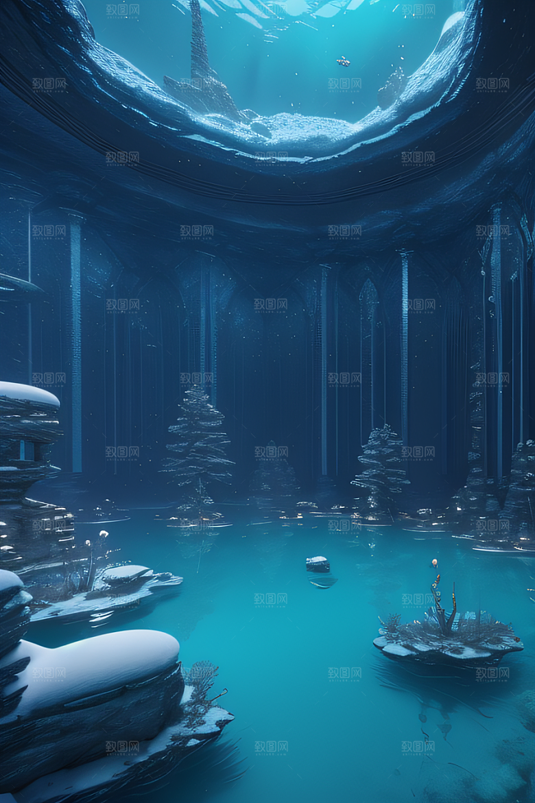 冬日仙境雪中湖泊的奇幻建筑