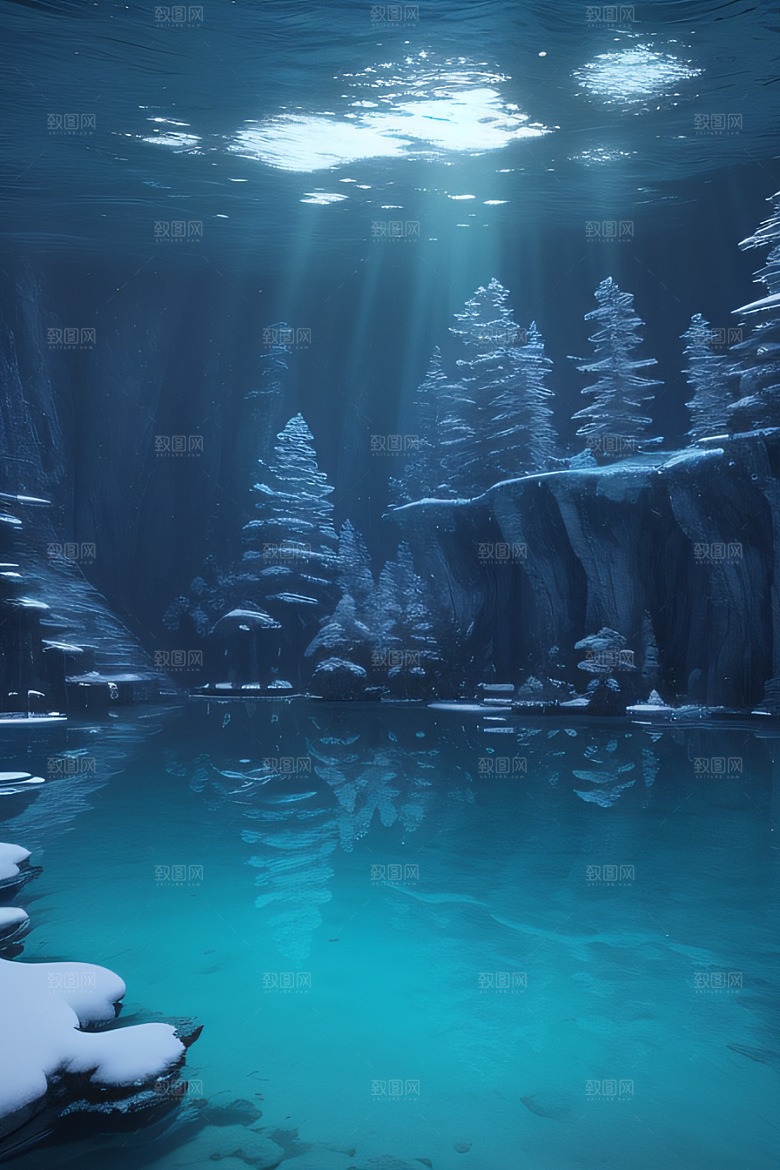 冬日仙境雪中湖泊的奇幻建筑