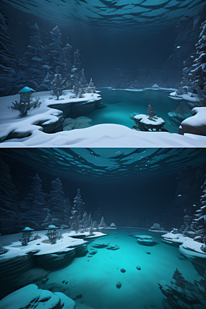 冬日仙境雪中湖泊的奇幻建筑