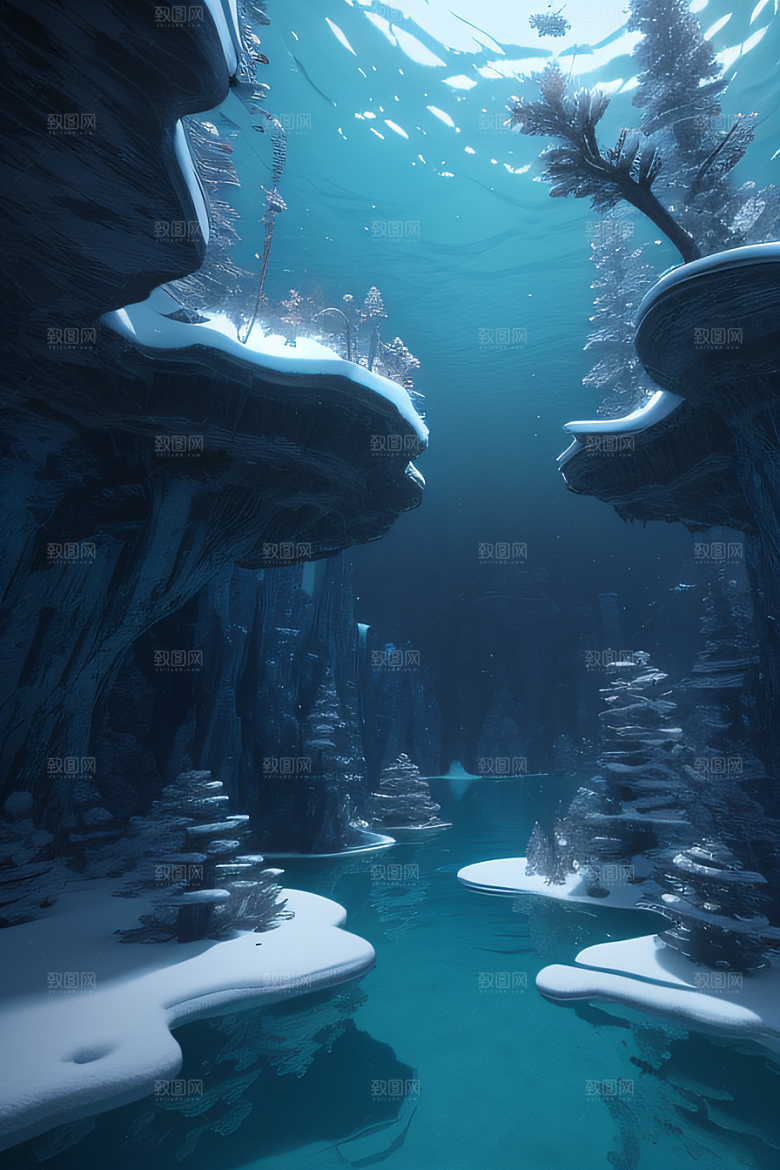 冬日仙境雪中湖泊的奇幻建筑