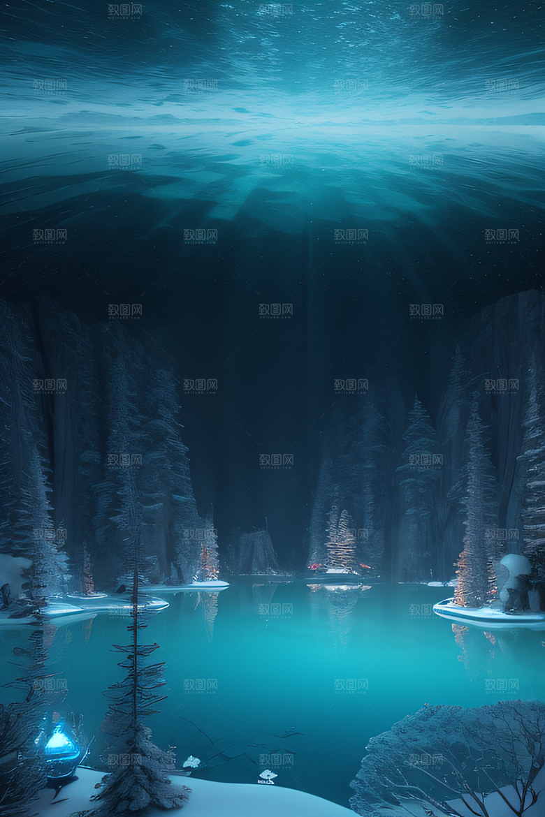 冬日仙境雪中湖泊的奇幻建筑