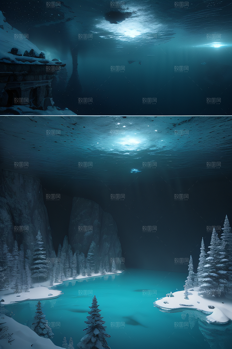 冬日仙境雪中湖泊的奇幻建筑
