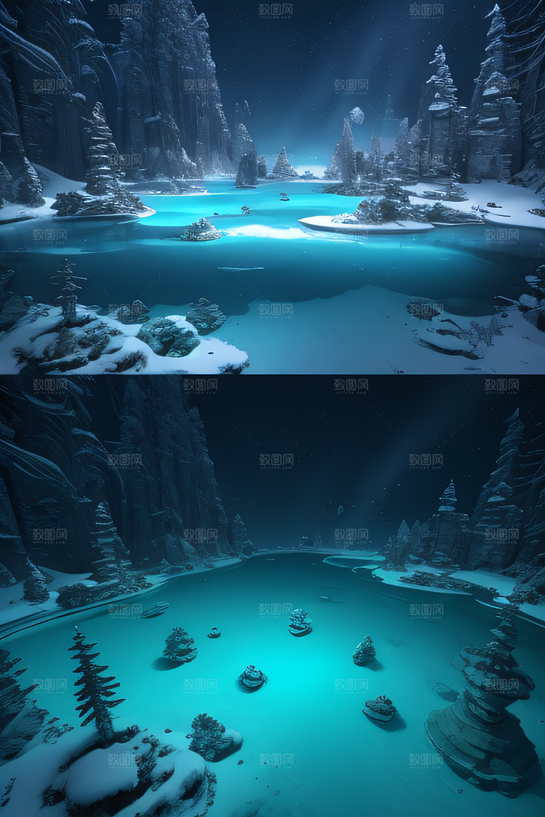 冬日仙境雪中湖泊的奇幻建筑