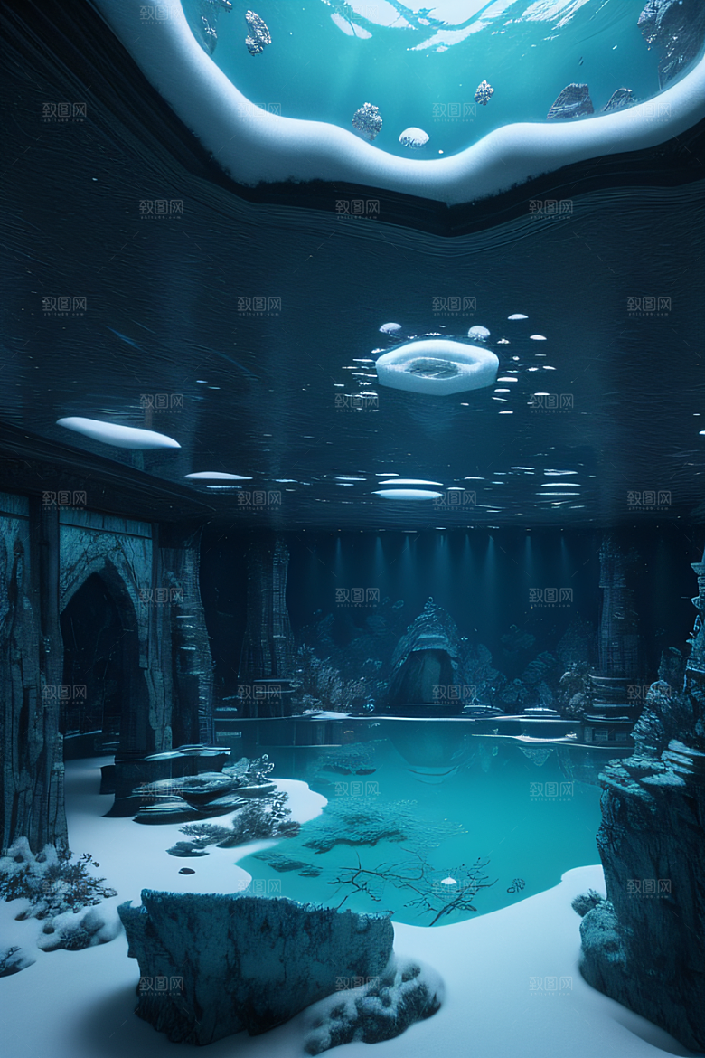 冬日仙境雪中湖泊的奇幻建筑