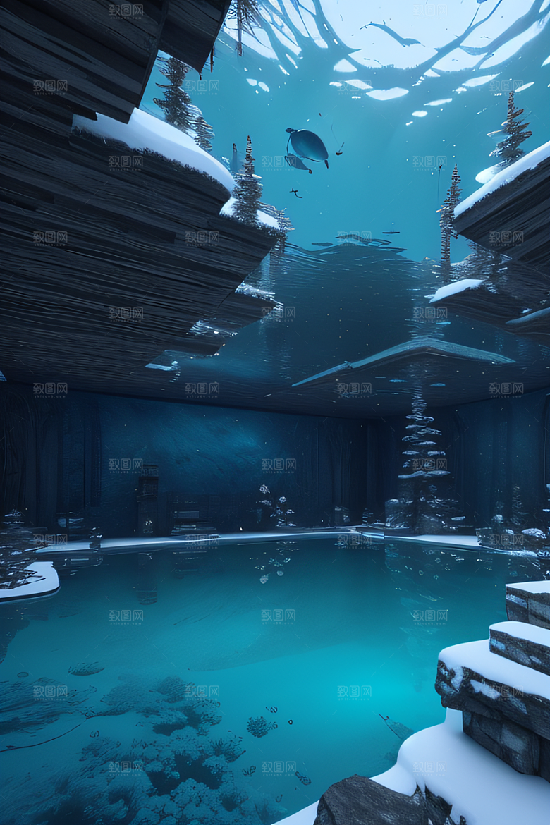 冬日仙境雪中湖泊的奇幻建筑