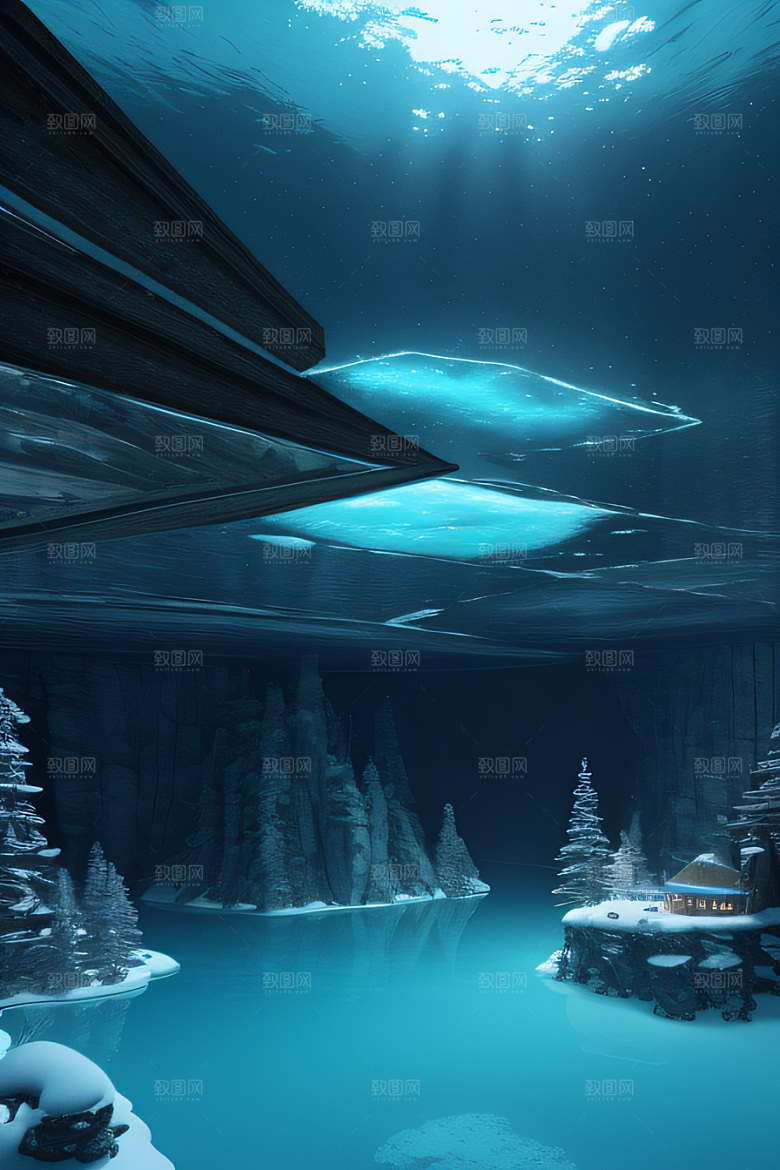 半水下的蓝色湖泊奇幻建筑的梦幻世界
