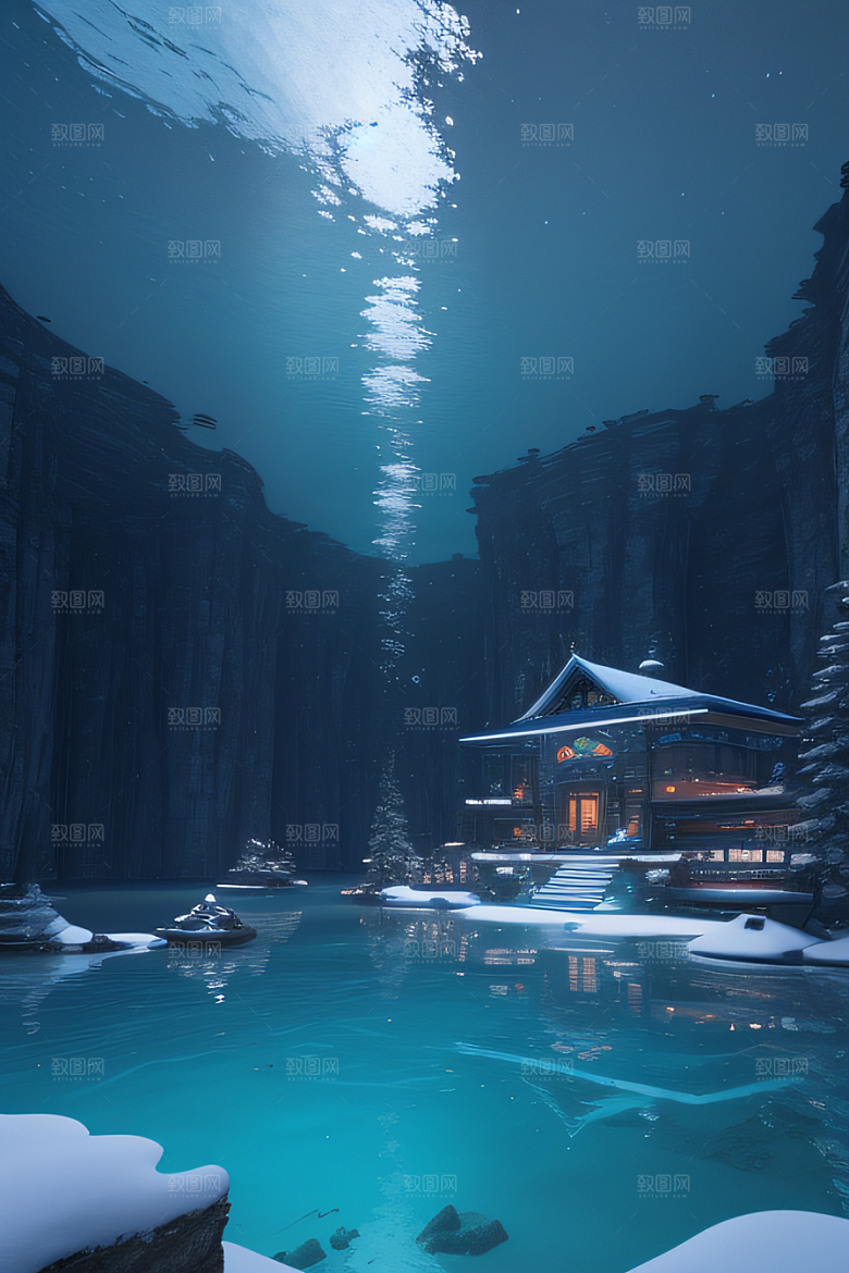 半水下的蓝色湖泊奇幻建筑的梦幻世界
