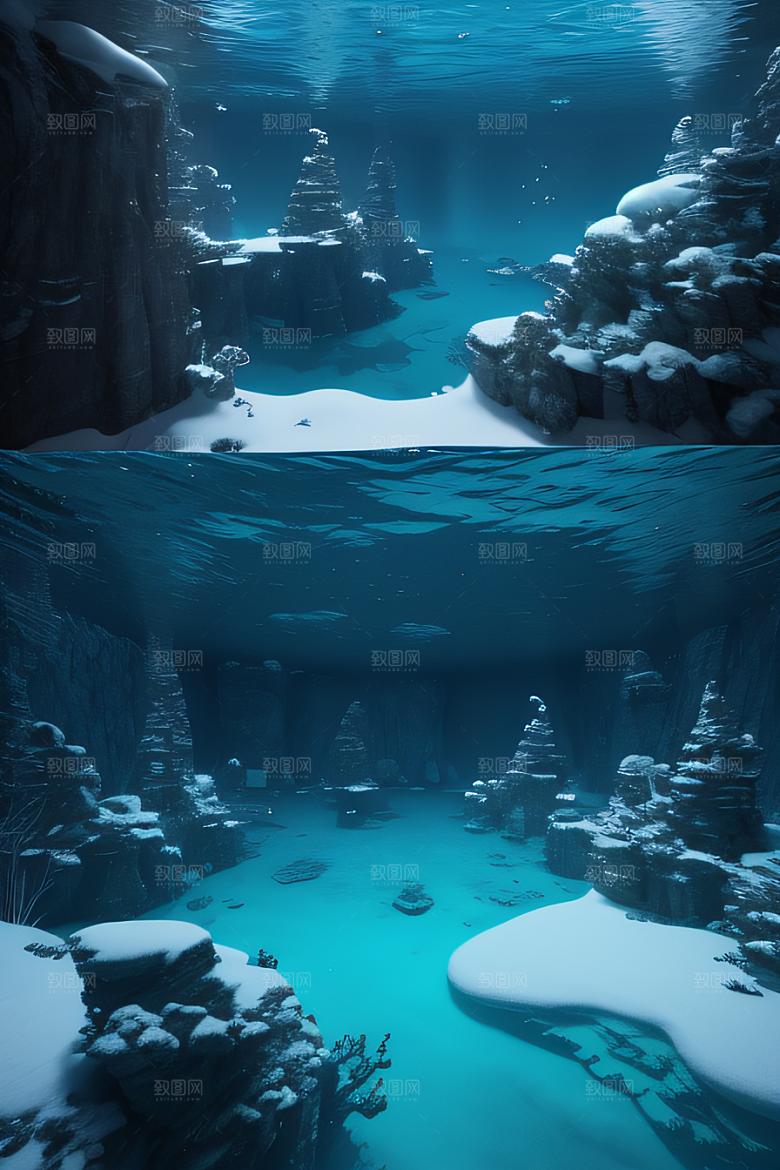 半水下的蓝色湖泊奇幻建筑的梦幻世界
