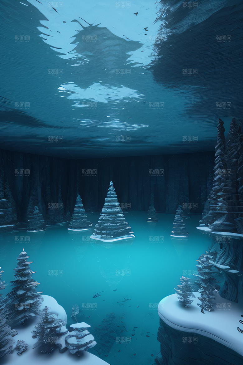 半水下的蓝色湖泊奇幻建筑的梦幻世界