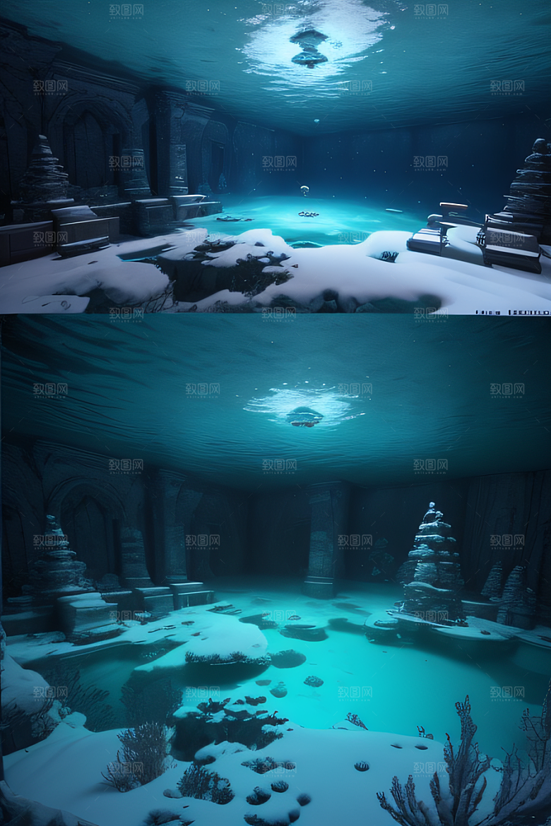 半水下的蓝色湖泊奇幻建筑的梦幻世界