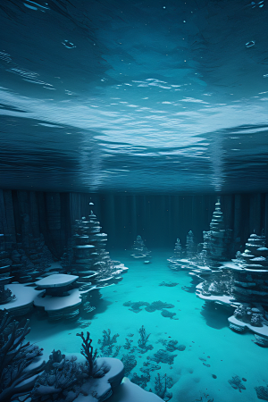 半水下的蓝色湖泊奇幻建筑的梦幻世界
