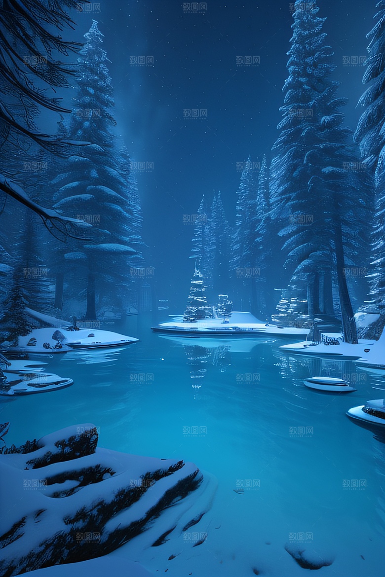 冬日仙境雪中湖泊的奇幻建筑
