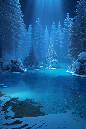 冬日仙境雪中湖泊的奇幻建筑